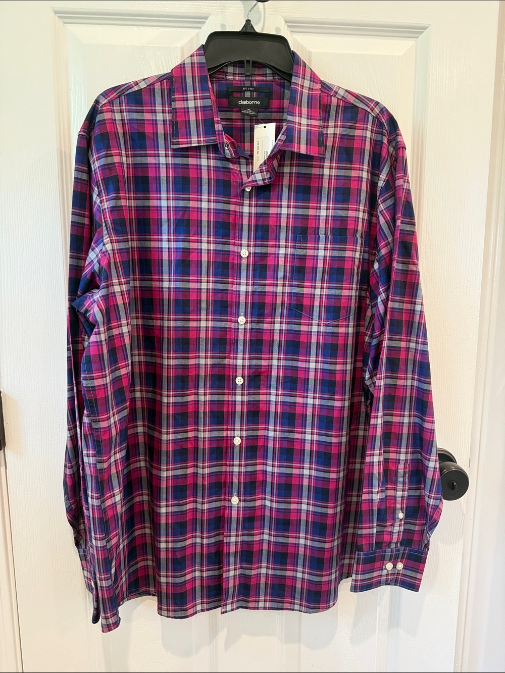 Claiborne Men's Purple and Blue Plaid Button-Down Shirt